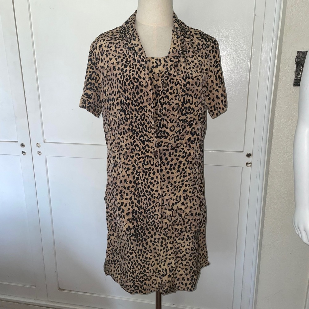 Robbie Bee Petite 100% Silk Leopard Print 2 Piece Dress and Shirt‎ Set 6P Tan